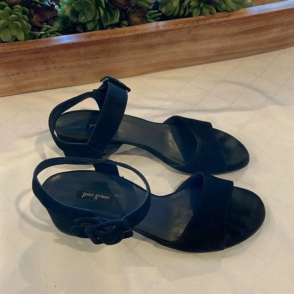 Paul Green sandals SAMTZIEGE SCHWARZ black suede heeled heels size UK 6 US 8 EUC - Picture 1 of 8